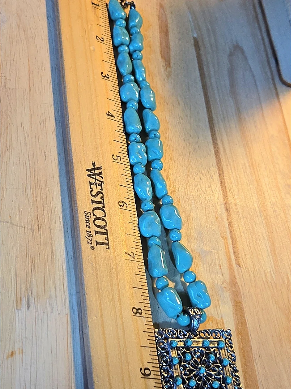 Turquoise Style Bead Necklace with Silver Filigree Pendant